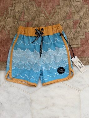 Kids Wave-Print Swim Shorts in Blue and Mustard, 3T